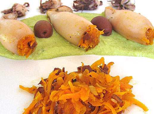calamari ripieni di carote con salsa di piselli allo zenzero