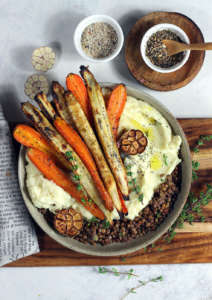 Purè su lenticchie con carote arrosto